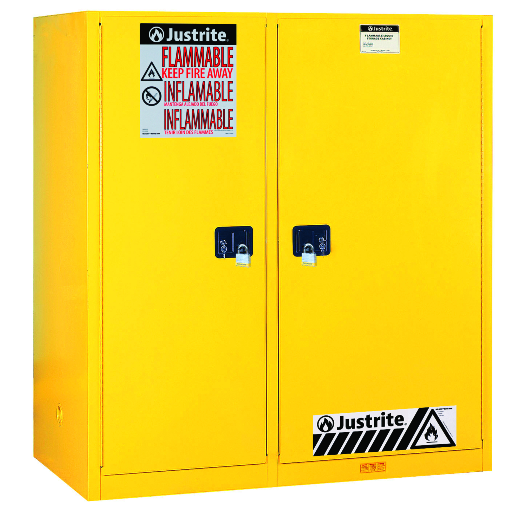 Justrite Double-Duty Flammable Cabinet — 115-Gallon, 1 Drum, 3 Shelves, 2 Self-Close Doors, Drum Rollers, Yellow, Model# 899270